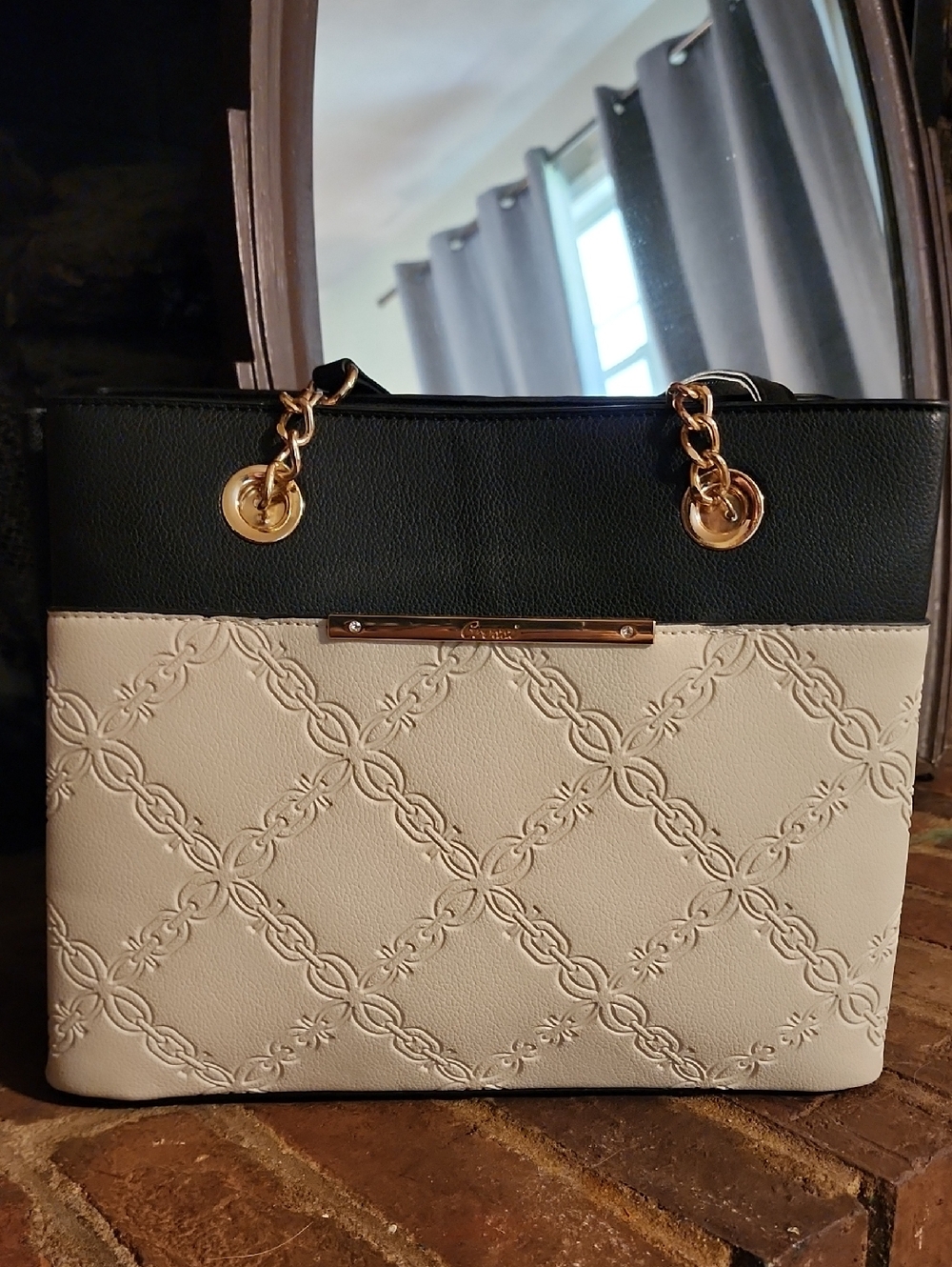 Two-Tone Black and Cream Tote Bag with Gold Chain Accents NWOT